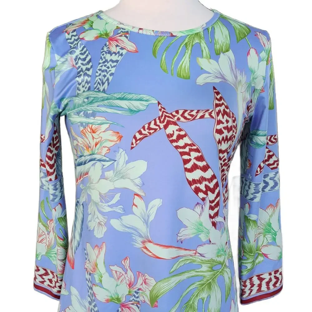Jean-Peirre Klifa Paris Tropical Floral Print Dress Small 3/4 Sleeve Blue - Picture 2 of 9